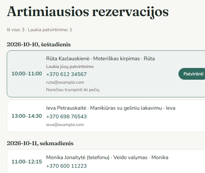 Rezervacijų sąrašas su patvirtinimu ir atmetimu