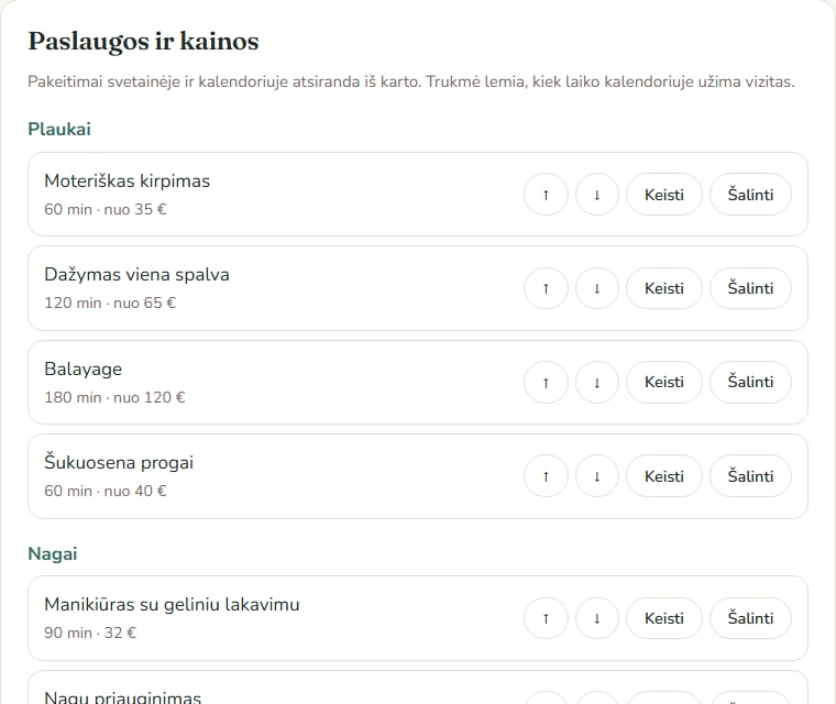Paslaugų, kainų ir trukmių redagavimas